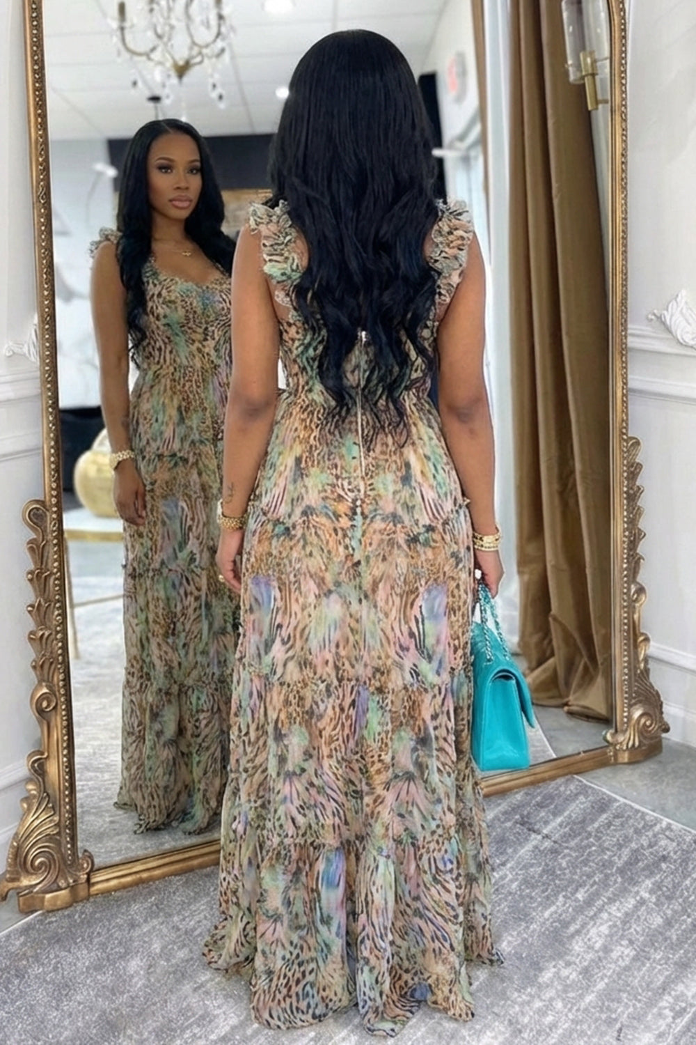Wide Straps Cinch Waist A-Line Vacation Maxi Dresses-Multicolor