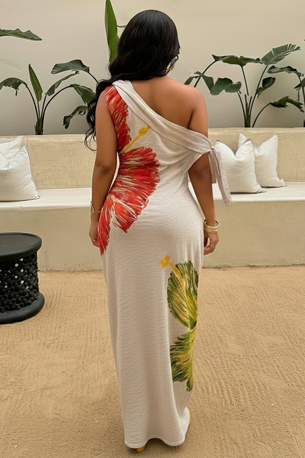 One Shoulder Sleeveless Floral Print Vacation Maxi Dresses-Beige