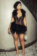 Feather Halter Cinch Waist Semi-Sheer Party Mini Dresses-Black