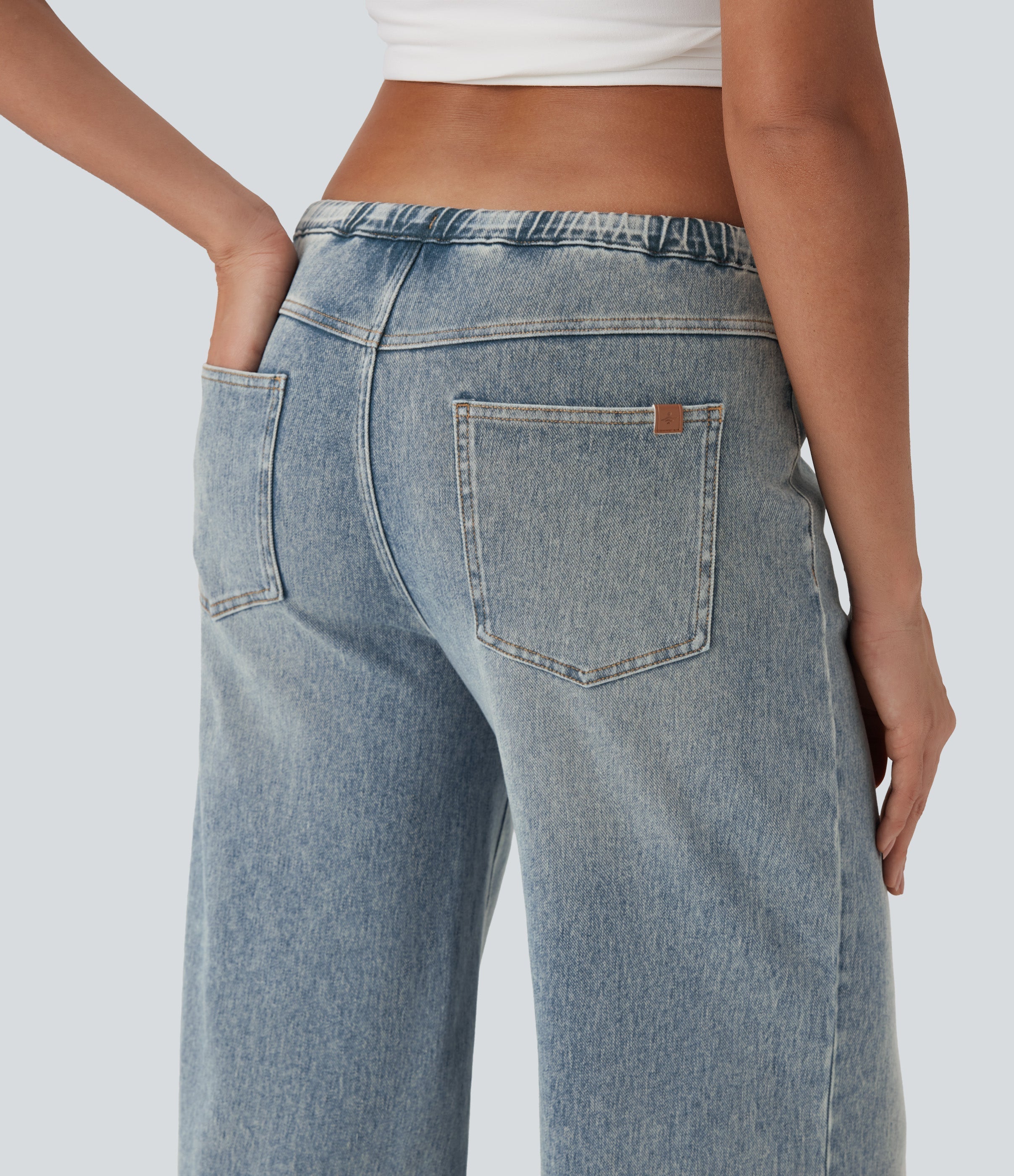 FlexTM Low Rise Drawstring Washed Casual Baggy Jeans with Pockets