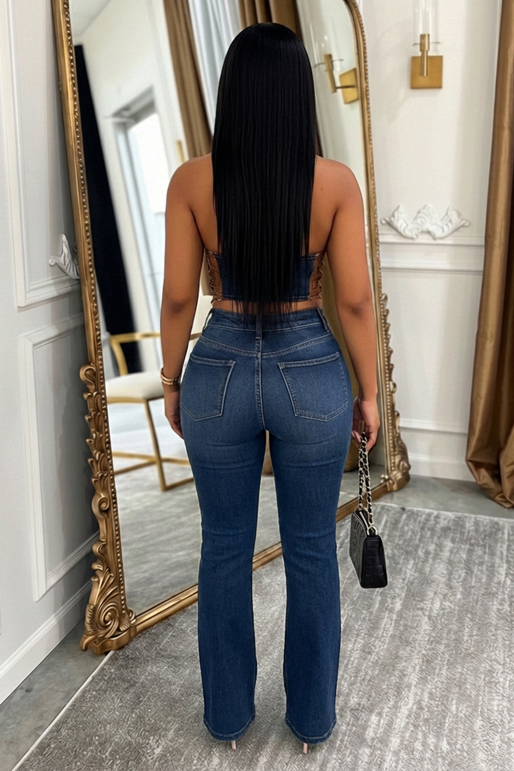 Denim Lace Deep V Neck Sleeveless Top Skinny Pants 2pcs Set-Blue