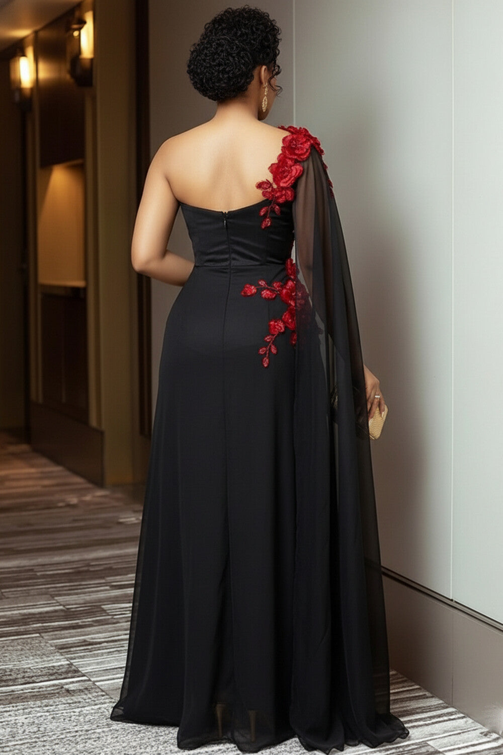 One Shoulder Mesh Sash 3D Flower Ruched Party Maxi Dresses-Black