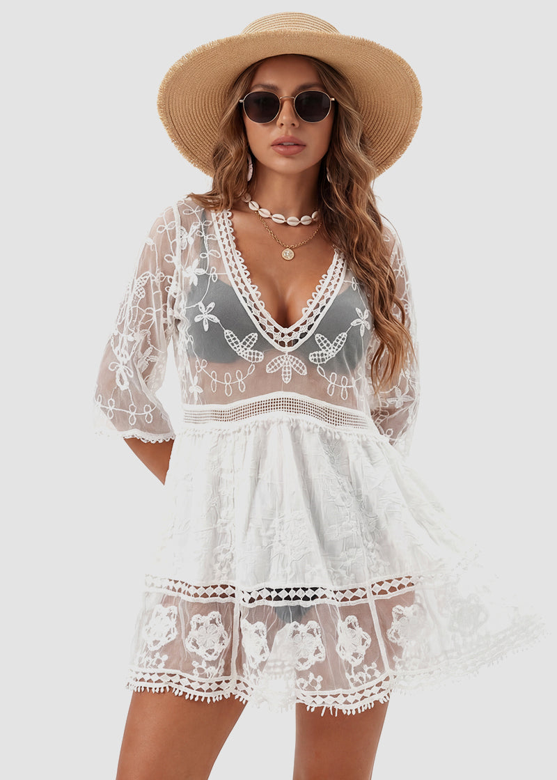Contrast Lace Bathing Suit Cover Up V-Neck Swimsuit Coverups