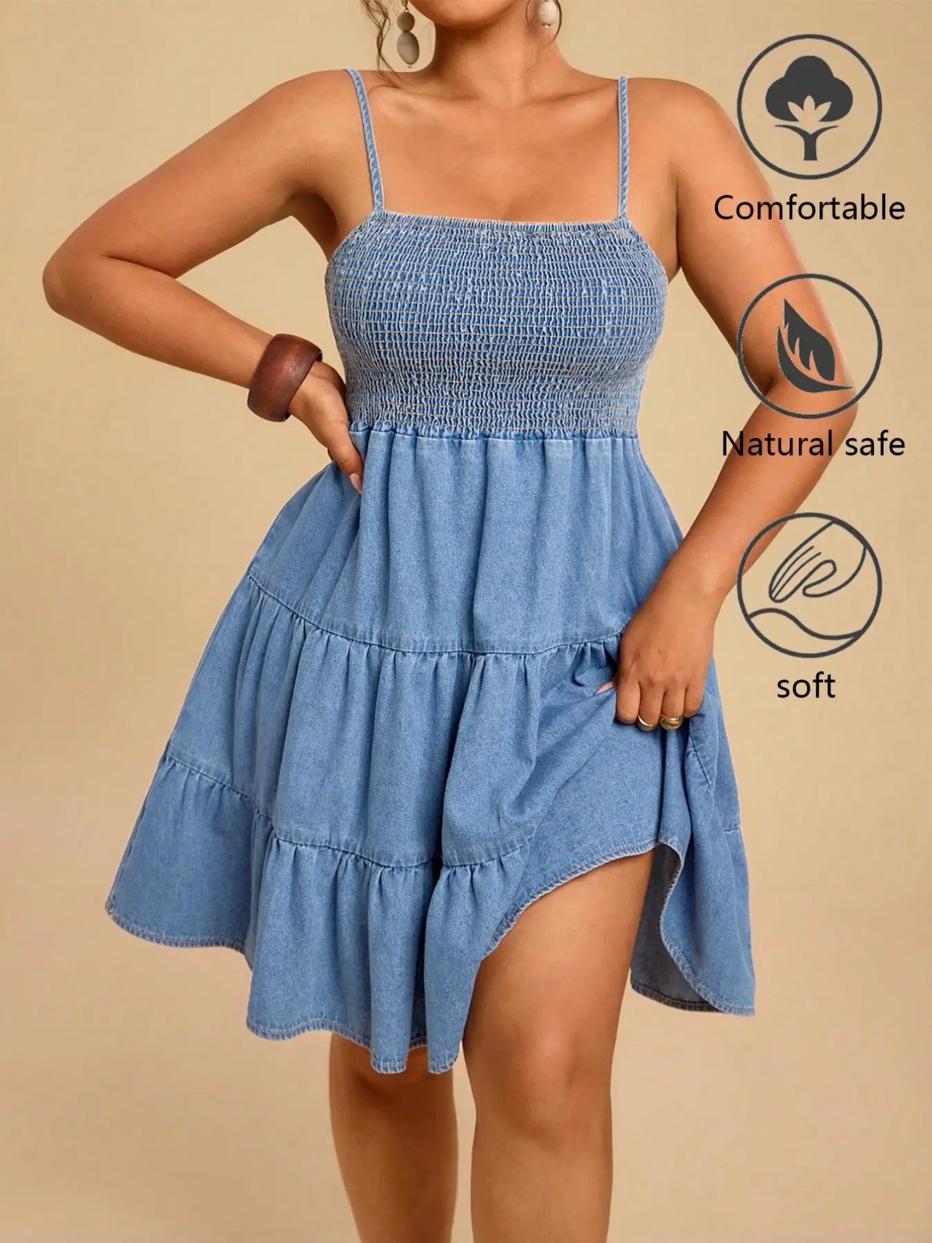 Women's Sweet Boho Style Plus Size Soft Denim Halter Dress, Thin Straps, Square Neck, Summer Floral Print, Fuzzy Denim Skirt