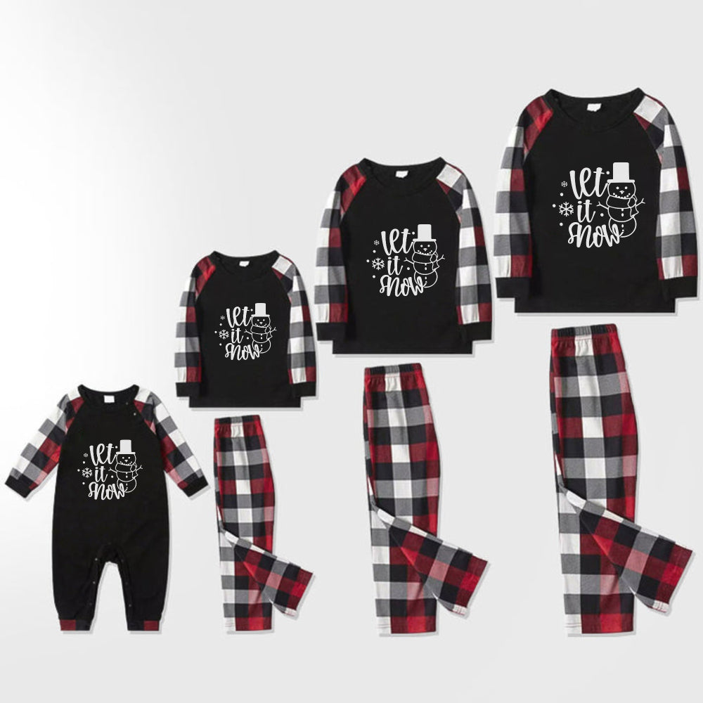 Christmas Family Matching Pajamas-Red and Gray Plaid Pjs set with "Let It Snow" Black & White Text Print