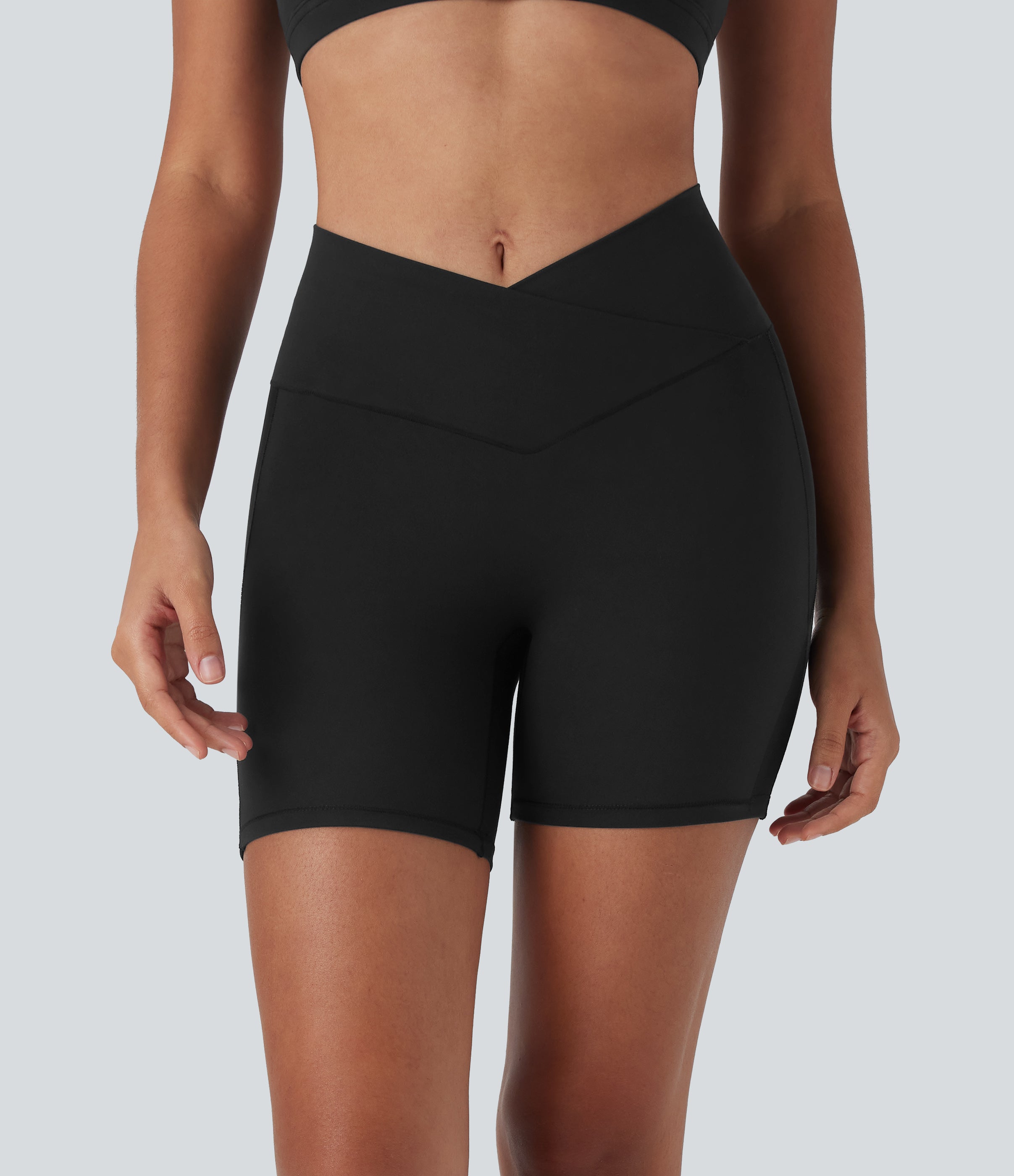 SoftlyZeroTM High Waisted Crossover Contrast Mesh Yoga Biker Shorts 5'' with Pocket-UPF50+
