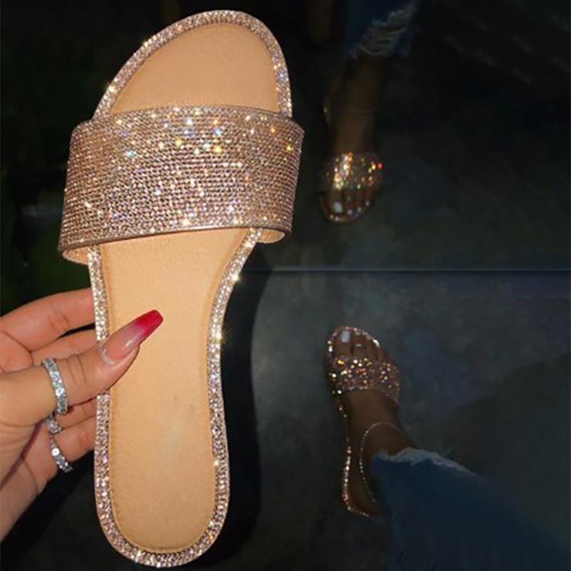 Shining Rhinestone Round Toe Flat Slippers-Black