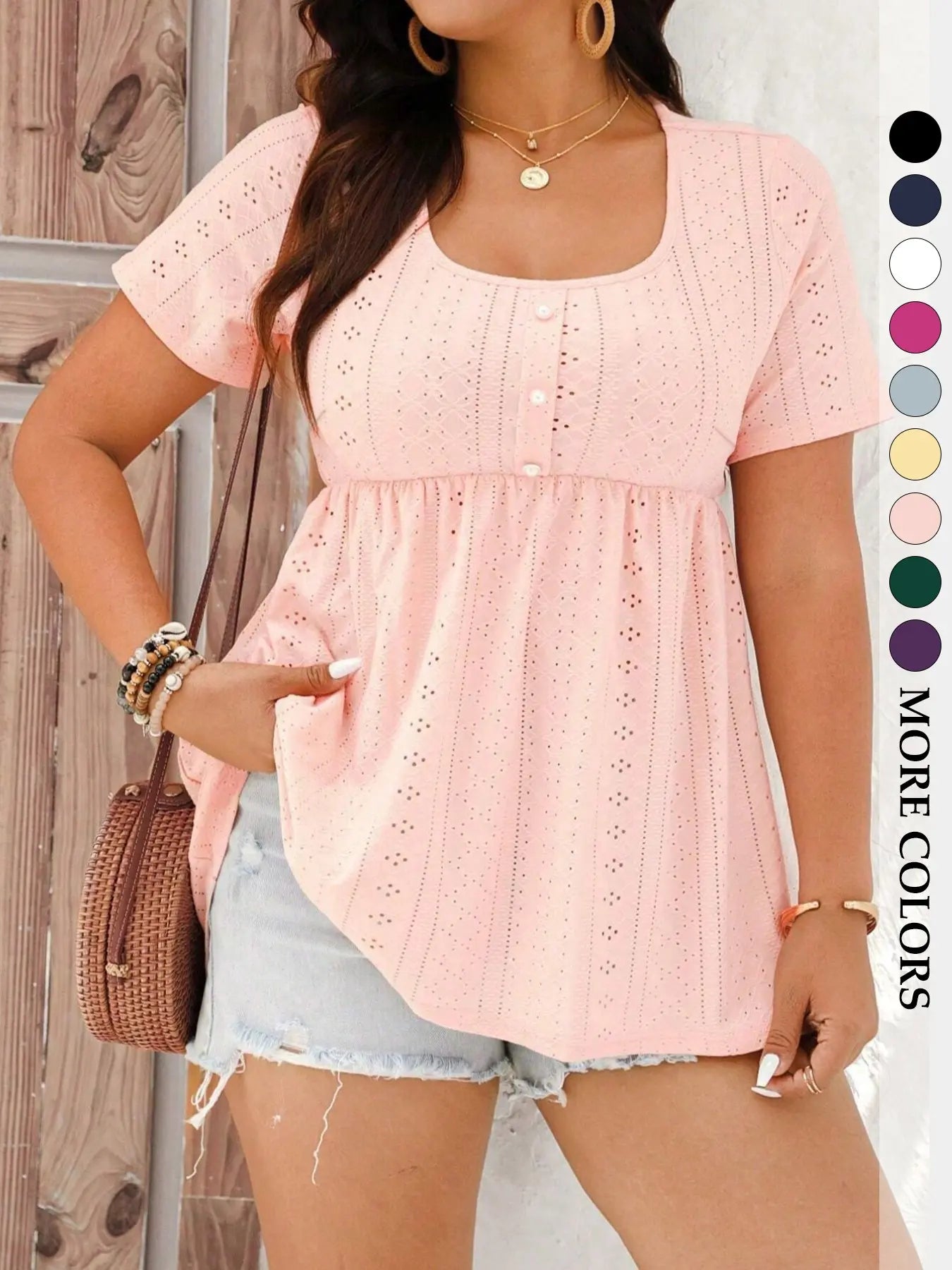 Women's Plus Size Babydoll Shirts Eyelet Peplum Top Short Sleeve Scoop Neck Pearl Button Casual Blouse Flowy Tummy Control Summer Boho Trendy