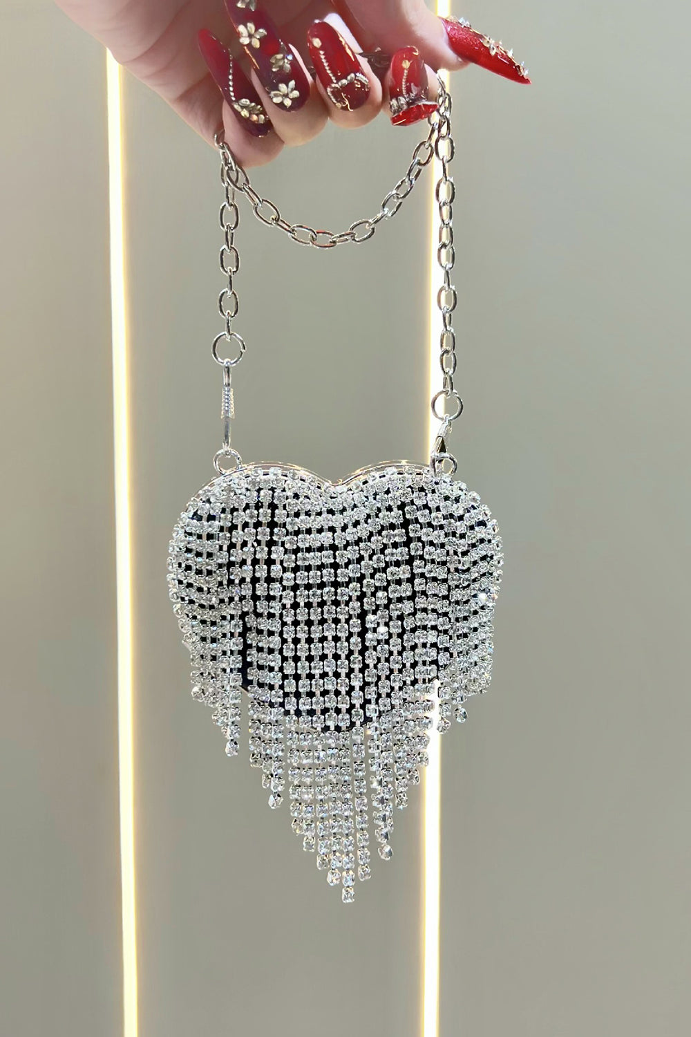 Heart Shaped Rhinestone Tassel Shoulder Crossbody Clutch Bag