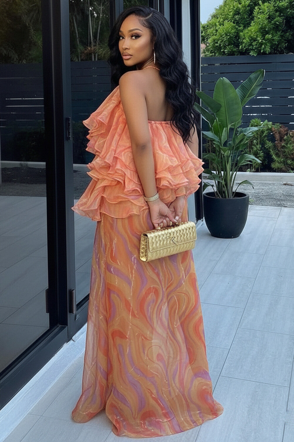 Halter Backless Layered Ruffles Loose Fit Maxi Dresses-Orange