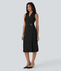 Anti-wrinkle V Neck Sleeveless Wrapped Belted Midi Travel Dress with Pockets