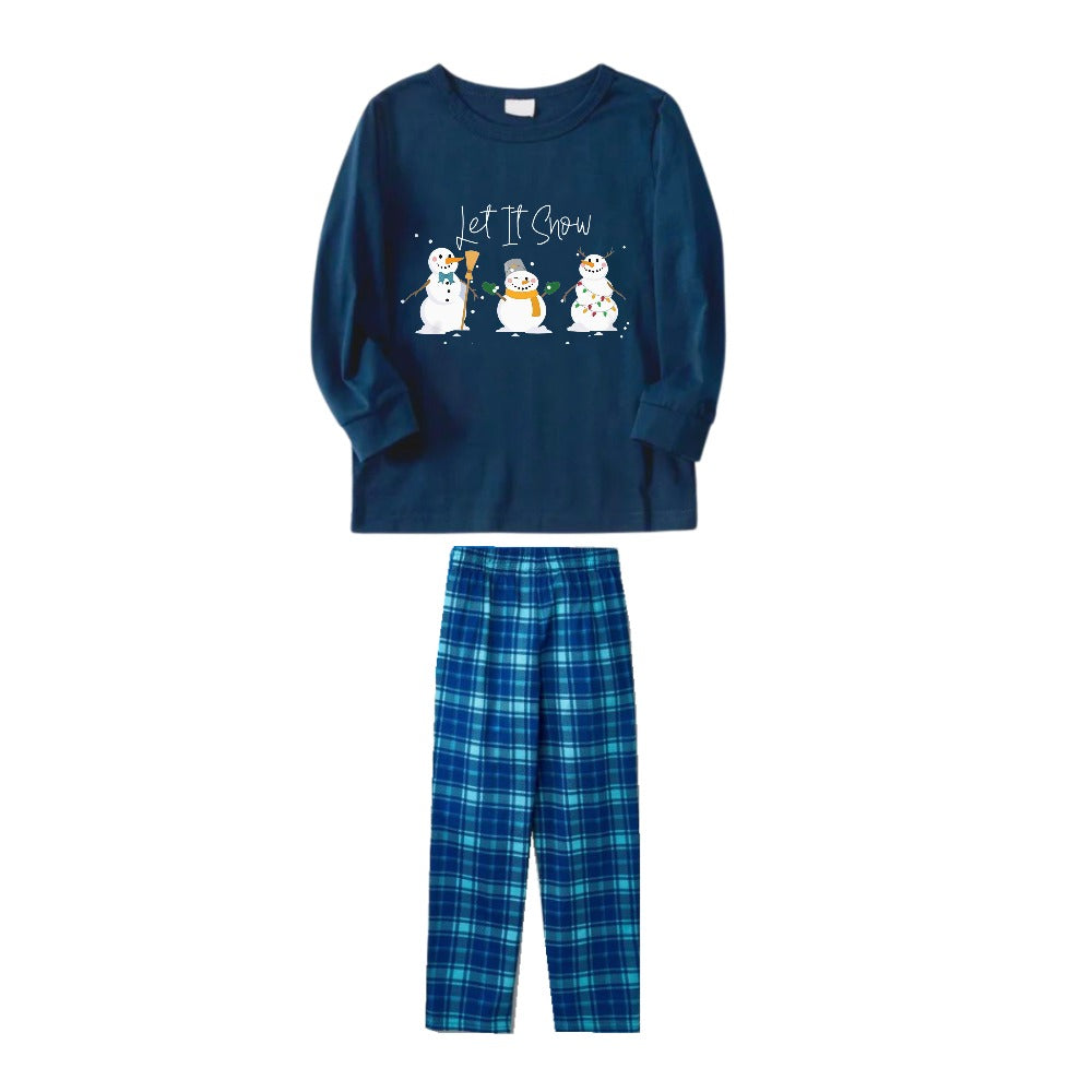 Christmas Family Matching Pajamas-Navy & Sky Blue Plaid Pjs Set with "Let It Snow" and Snowman Pattern Print