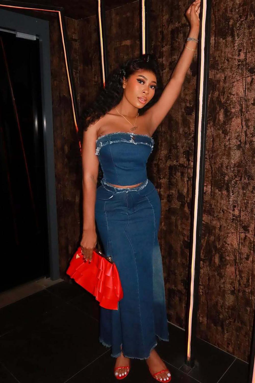 Denim Raw Trim Tube Top High Waist Bodycon Maxi Skirt 2pcs Set-Blue
