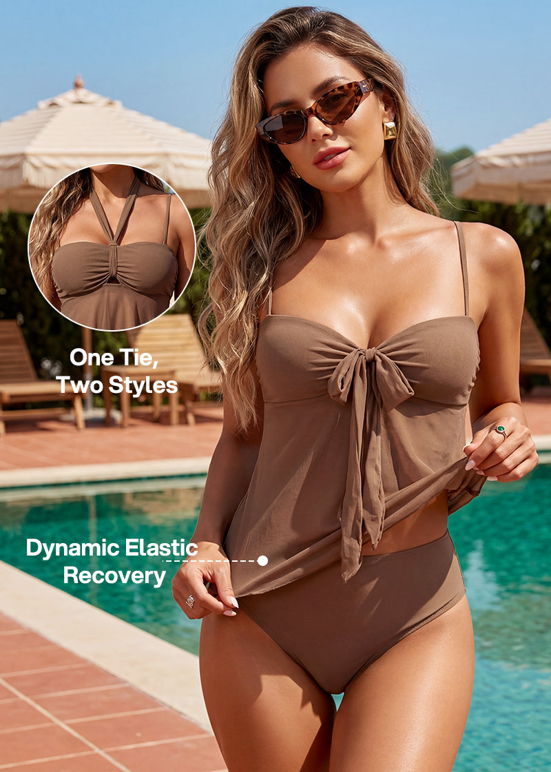 Tankini Swimsuits-Tummy Control Flowy Mesh Tops High Waisted Bottoms