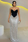 Strapless Colorblock Shimmering Bodycon Gowns Maxi Dresses-Silver