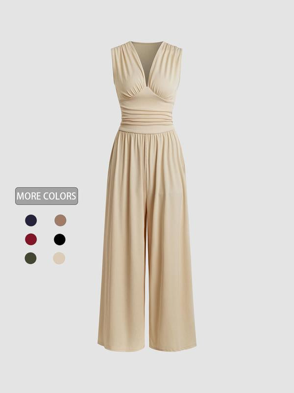 2026 Women's new jumpsuit with pockets Plain Ruched V Neck Ribbed Tank Jumpsuit, Summer Outfits 2025, Elegant Sleeveless Wide Leg Jumpsuit for Women for Vacation Holiday Party, Ladies Summer Clothes