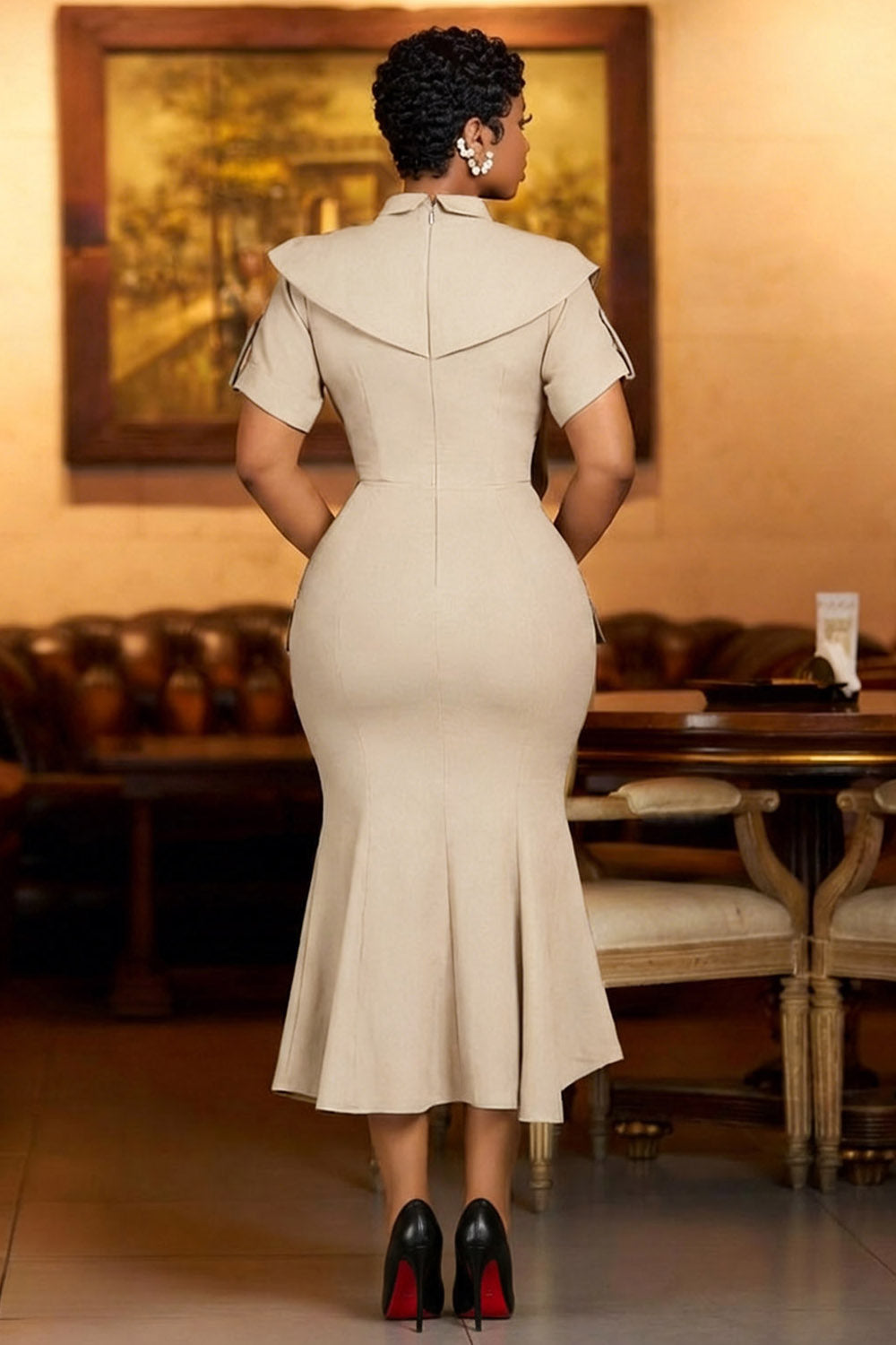 Turndown Collar Short Sleeve Bodycon Casual Maxi Dresses-Beige