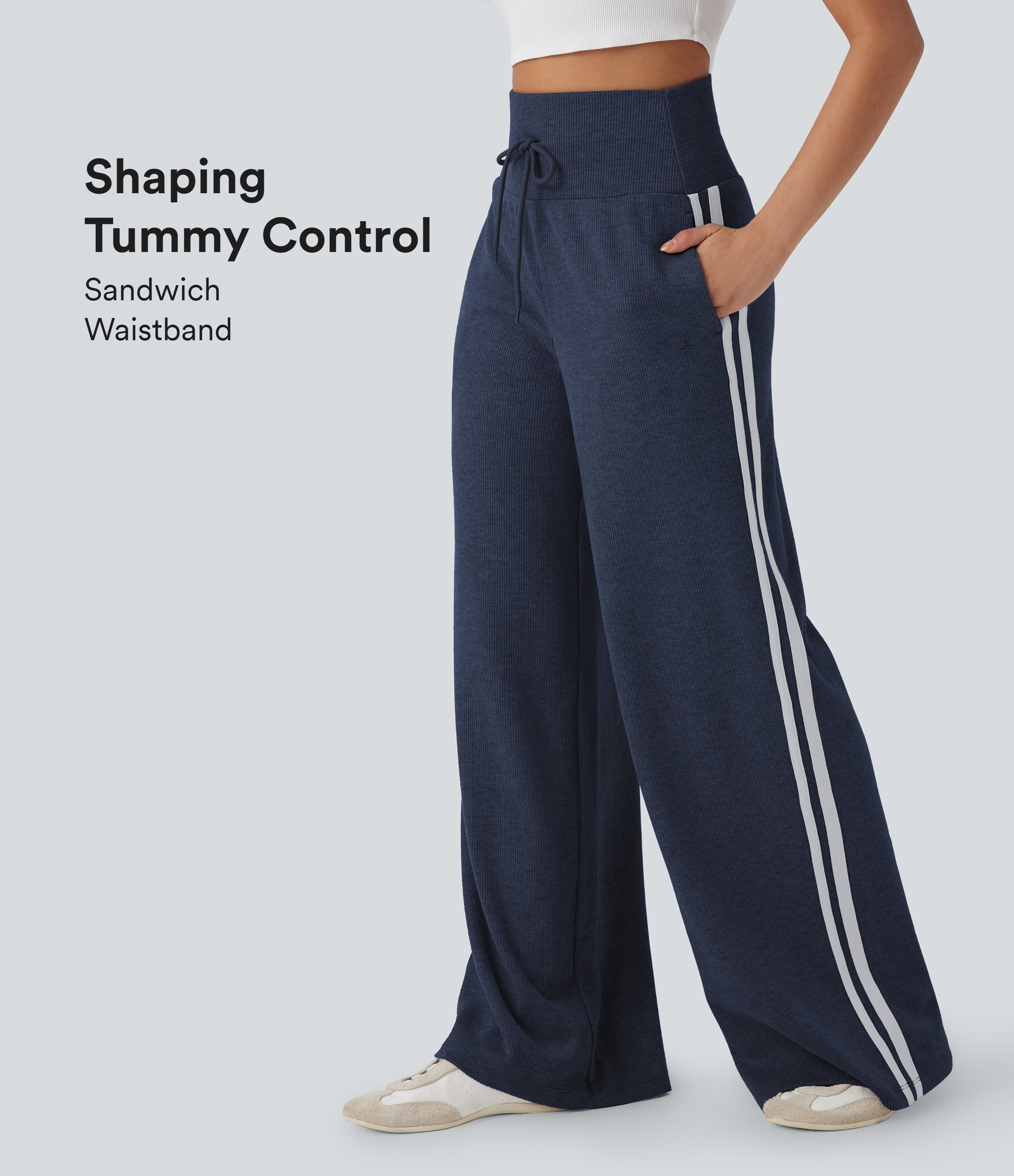 2026🔥 Ribbed SoCinched High Waisted Tummy Control Drawstring Wide Leg Color Block Casual Trousers with Pockets