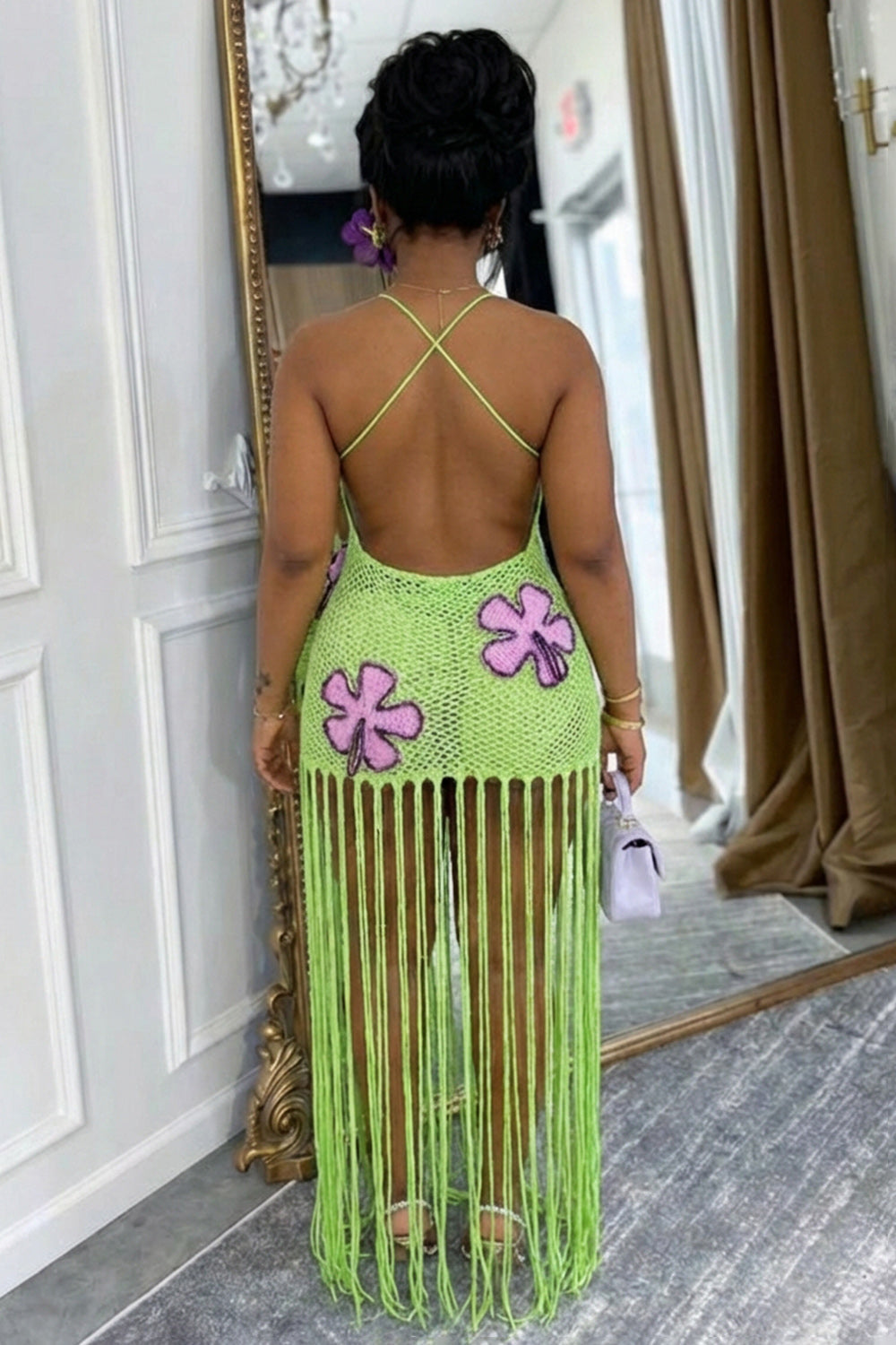 Back Cross Halter 3D Flower Fringe Hem Knit Maxi Dresses-Green