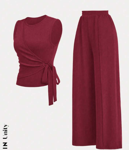 Women's Solid Knot Front Tank Top & Wide Leg Pants Set