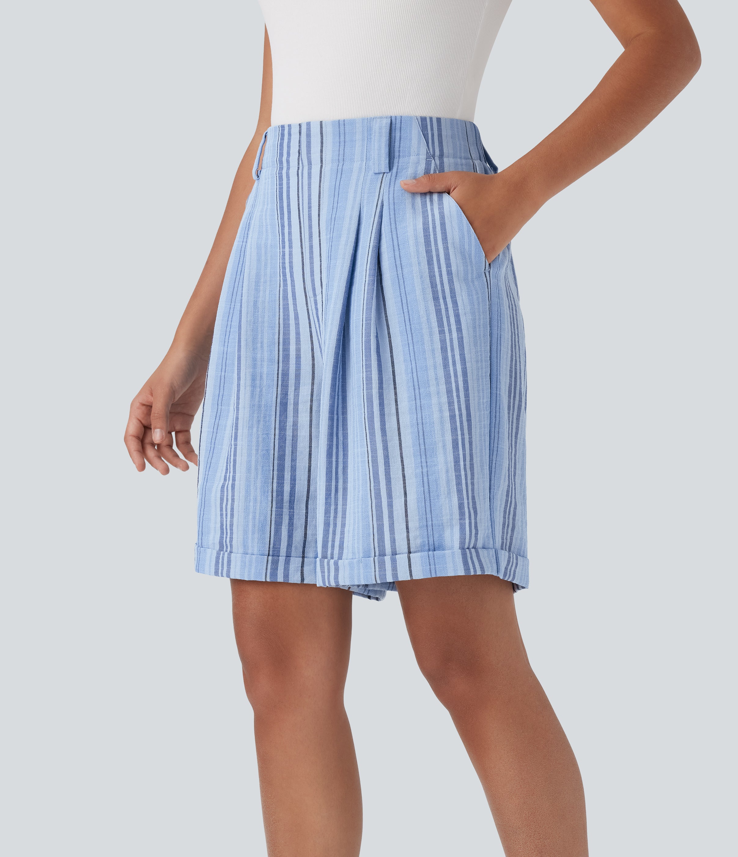 High Waisted Stripe Work Linen-Feel Bermuda Shorts with Pockets