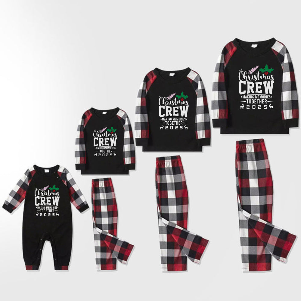 Christmas Family Matching Pajamas-Red and Gray Plaid Pjs set with “Christmas Crew” Artistic Font Print