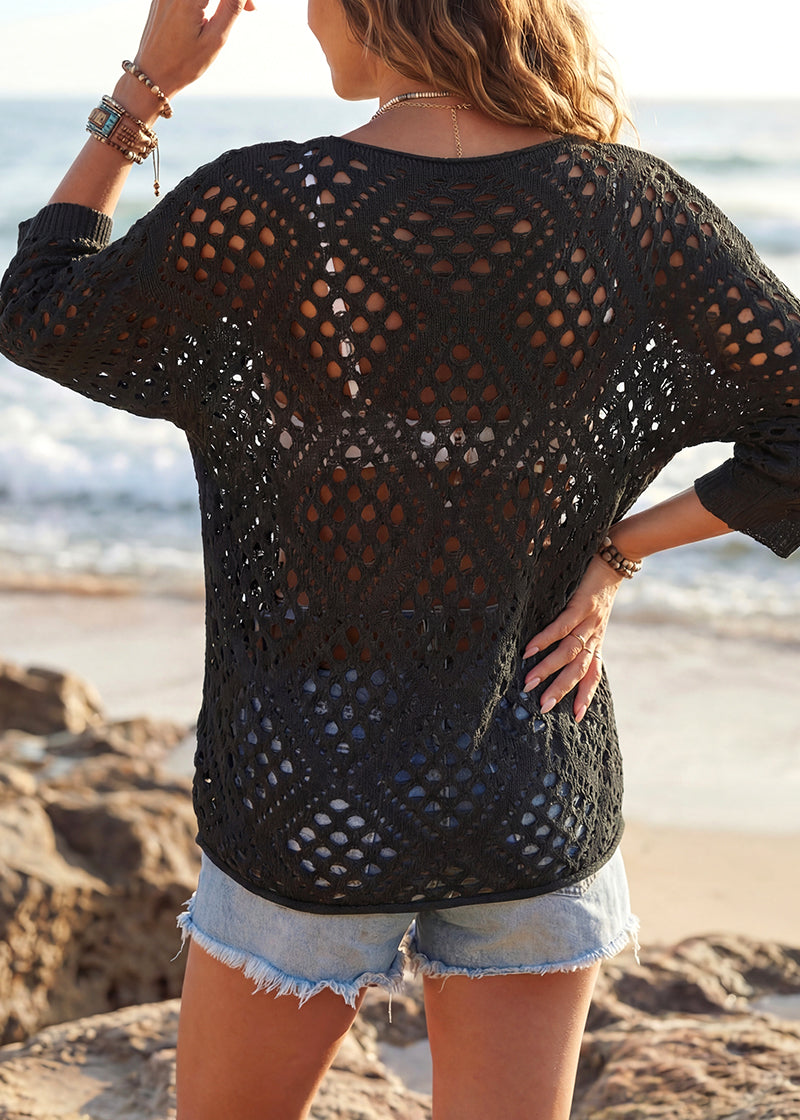 Casual Knit Hollow-Out 3/4 Batwing Sleeve Lightweight Summer Sweater