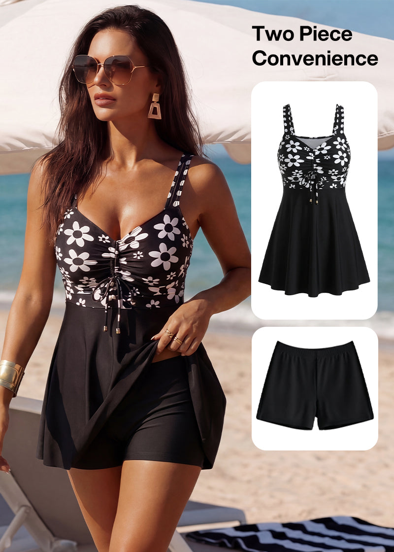 Sleeveless Floral Swimdress & Bottom Set with Adjustable Bust Tie