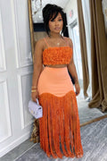 Spaghetti Strap Ruched Crop Top Fringe Maxi Skirt 2pcs Set-Orange