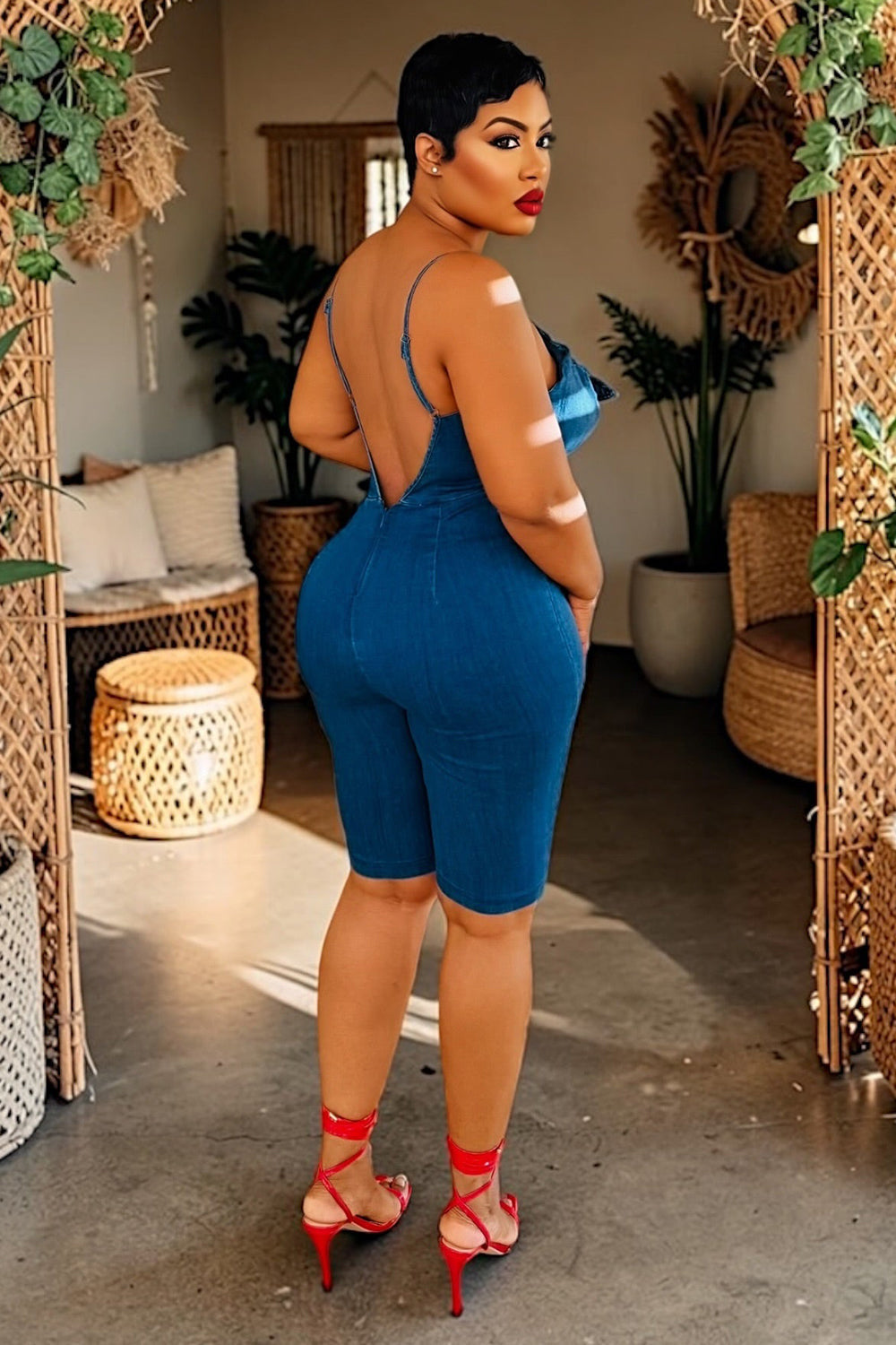Cami Neck Kontted Slim Fit Denim Casual Romper Playsuit-Blue [Pre Order]