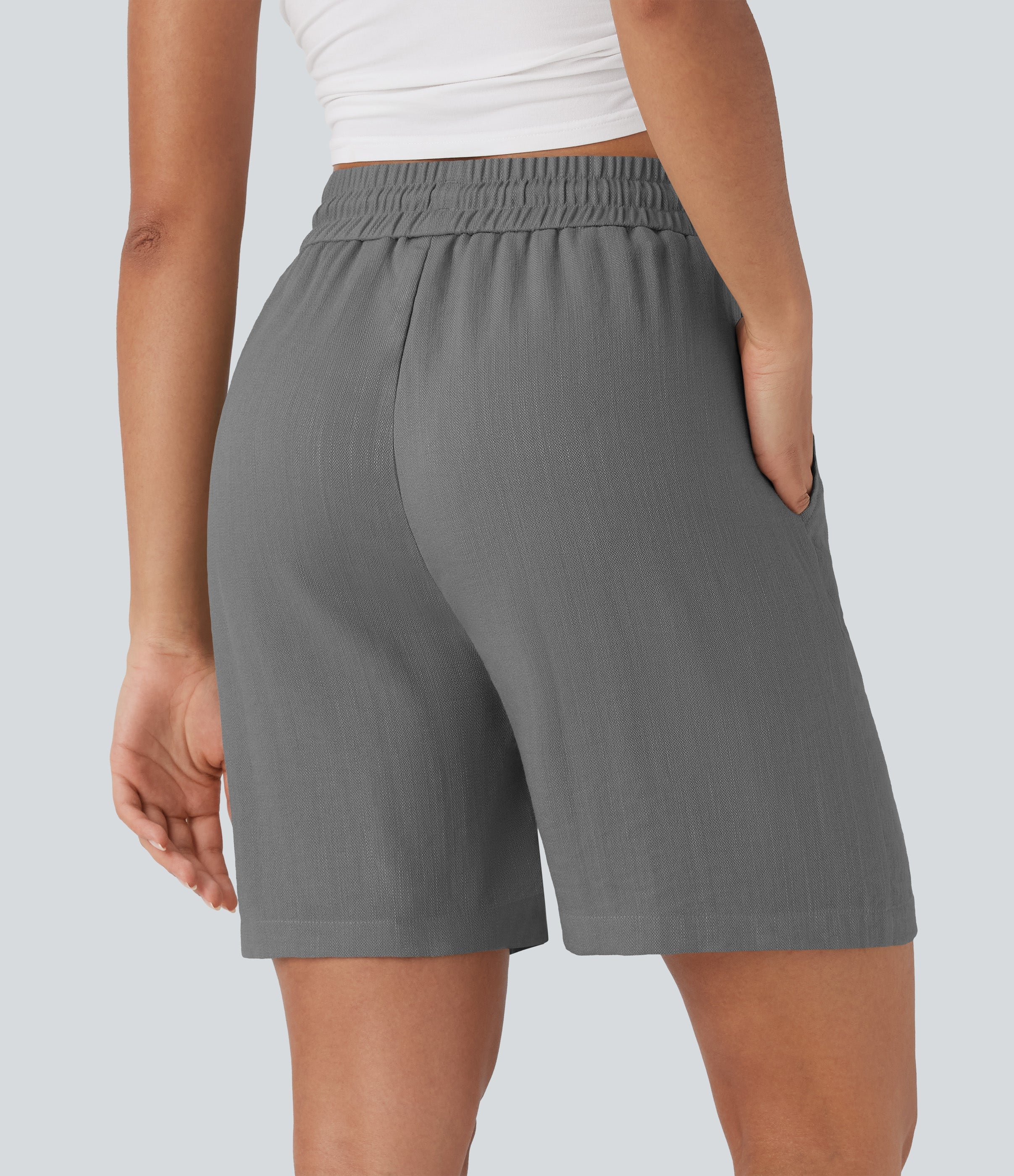 High Waisted Drawstring Casual Linen-Feel Shorts with Pockets