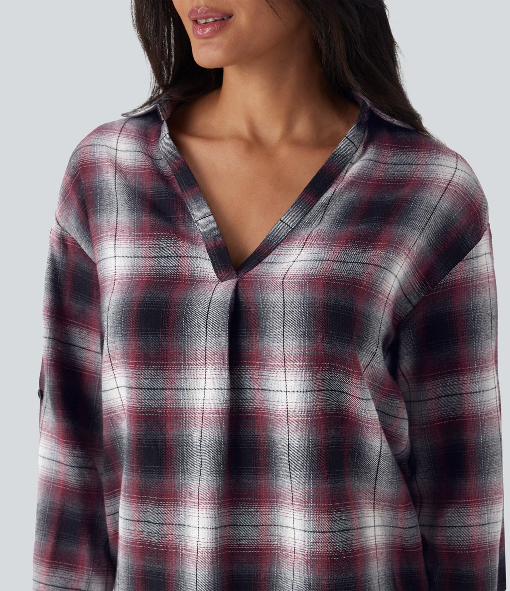 V Neck Curved Hem Plaid Casual Blouse