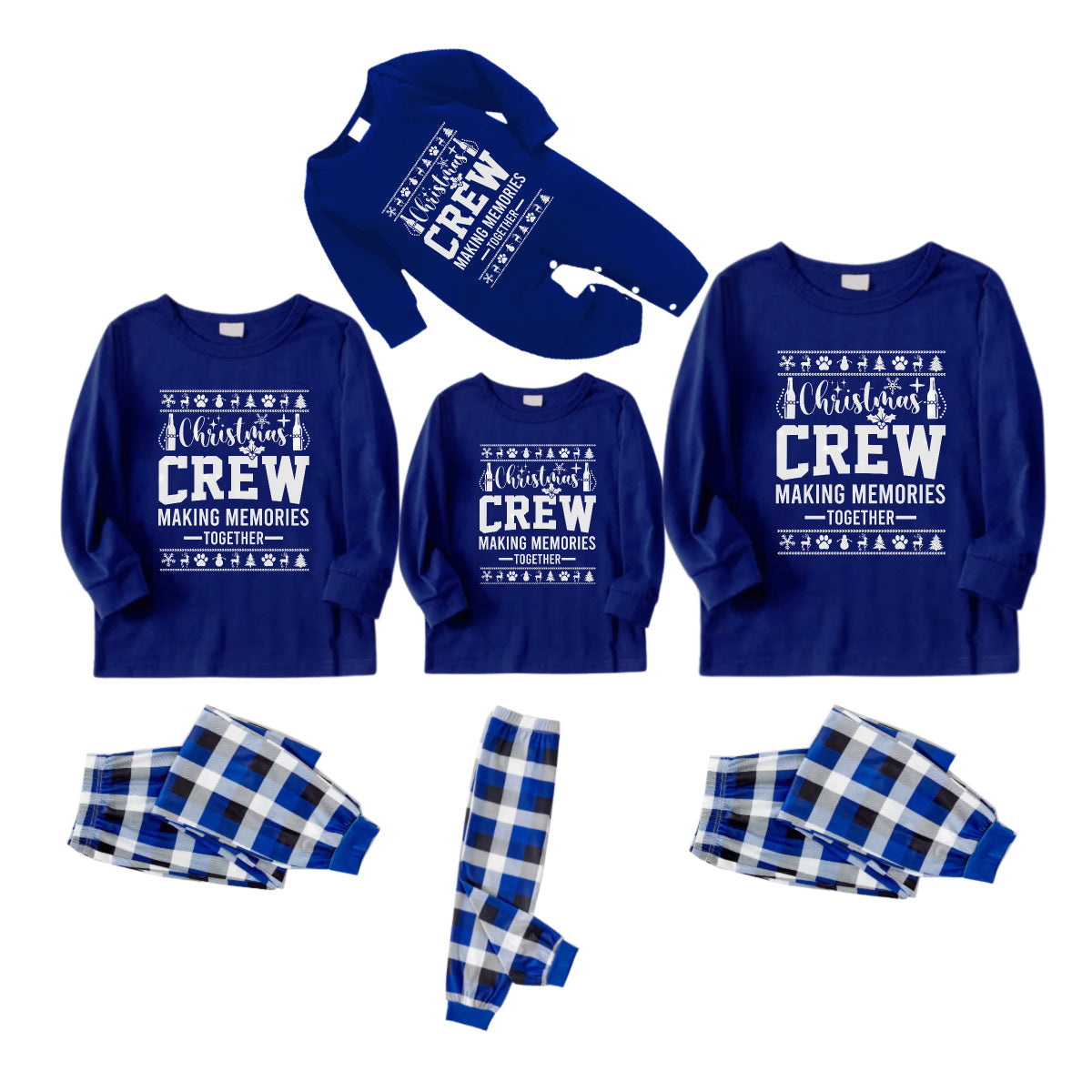 Christmas Family Matching Pajamas-Navy & White Plaid Pjs Set with "Christmas Crew Making Memories Together" and Christmas Pattern Print