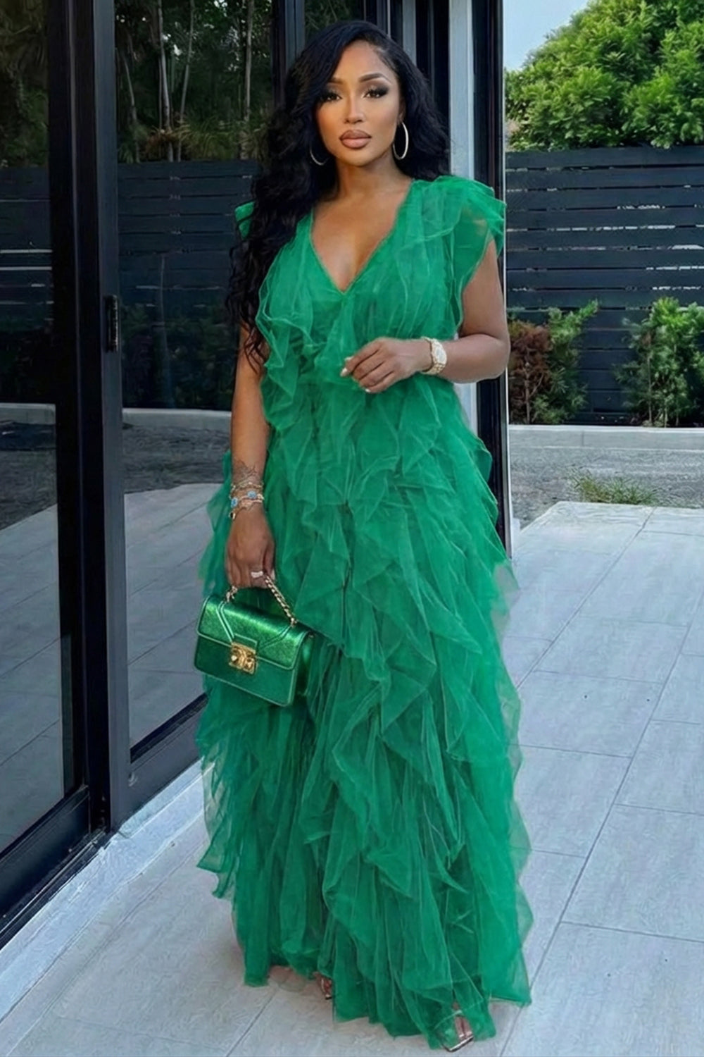 Deep V Neck Sleeveless Mesh Layered Ruffles Maxi Dresses-Green