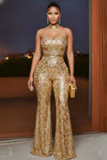 Strapless Cinch Waist Sequin Flower Bootcut Party Jumpsuit-Gold