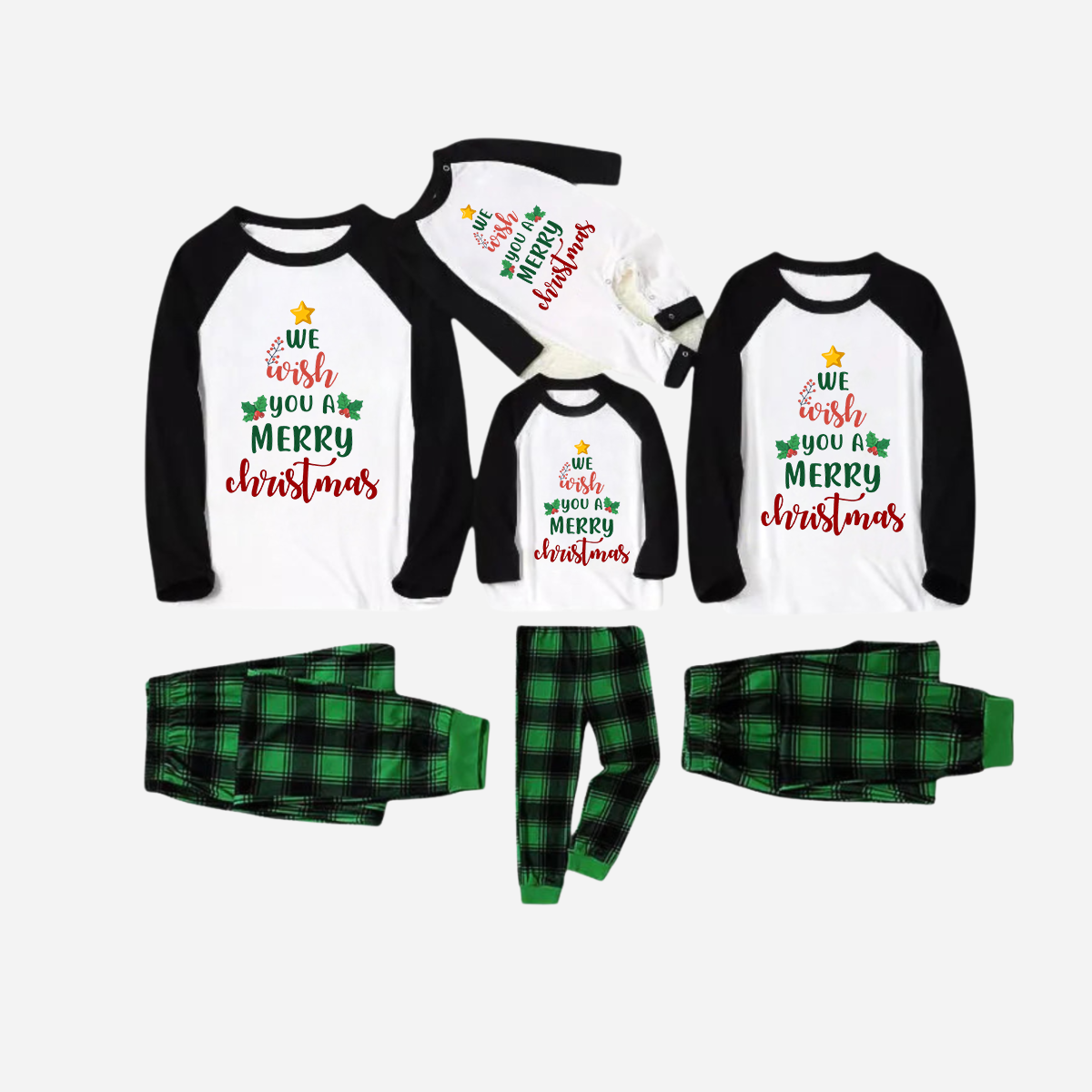 Black Raglan Top Green Plaid Christmas Pajamas Set With "We Wish You a Merry Christmas" Text Print
