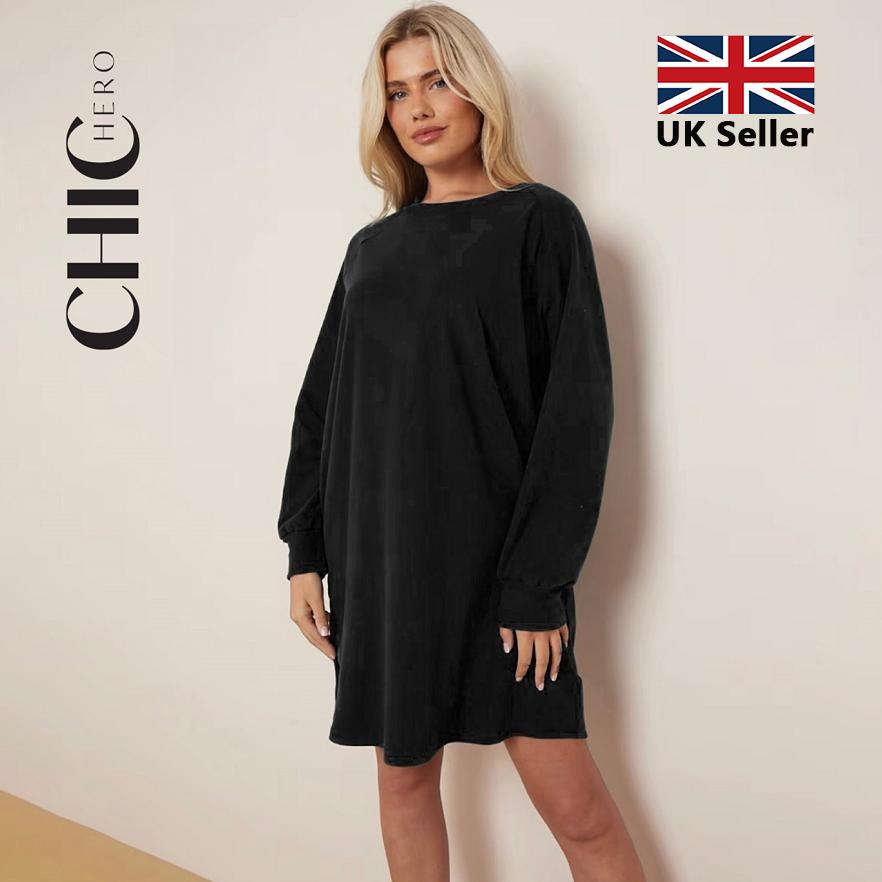 ChicHero Women's Long Sleeve Dress Brushed Jersey Casual Loose Fit Crewneck Raglan Dress Oversized Long Jersey Tops