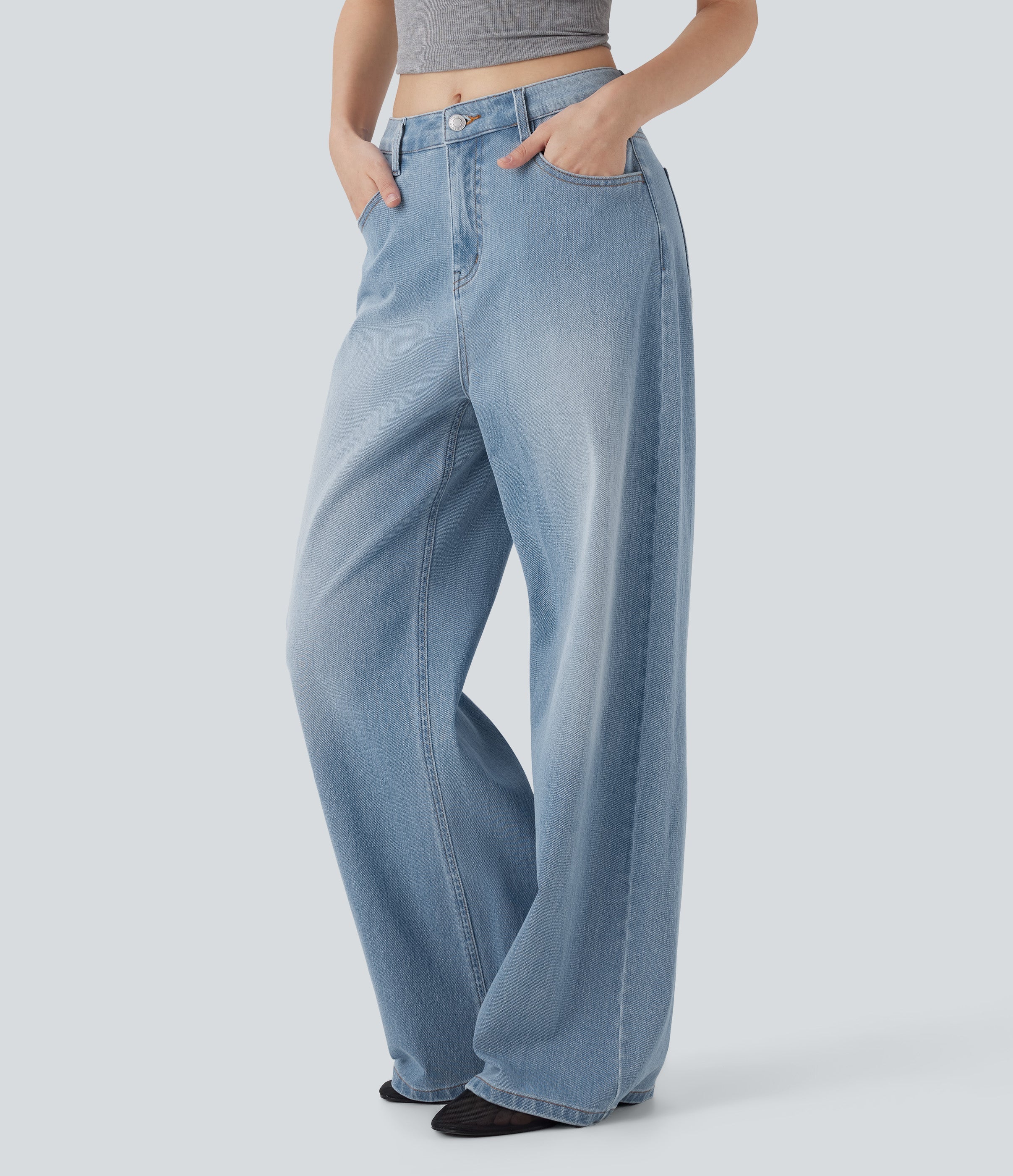 FlexTM Mid Rise Washed Casual Baggy Jeans with Pockets