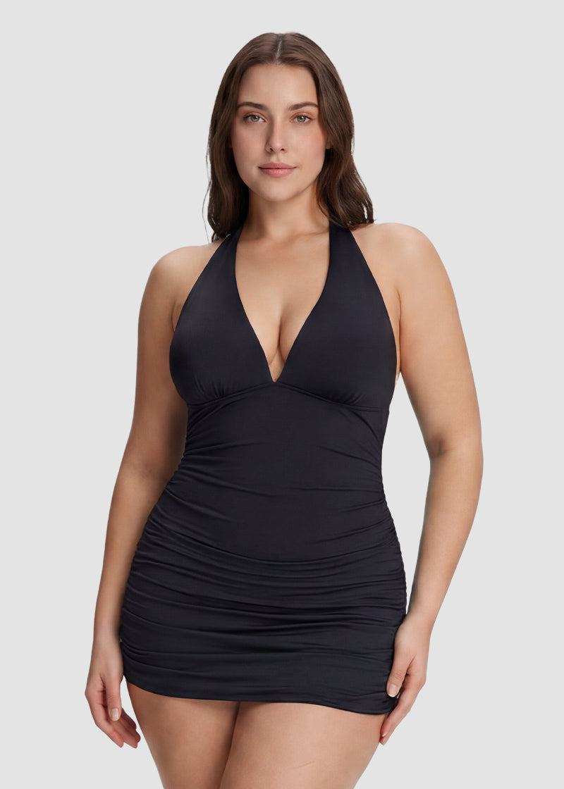 SculptSkin™ BackStage Halter V-Neck Swim Dress