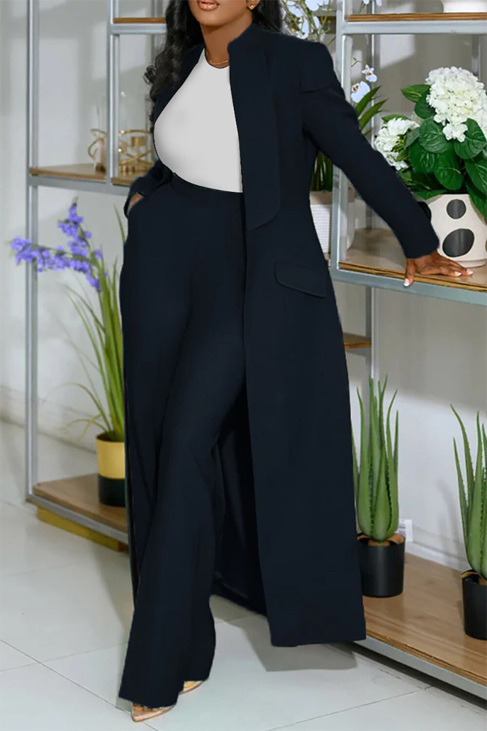 Turndown Collar Solid Color Long Blazer High Waist Pants 2pcs Set-Green