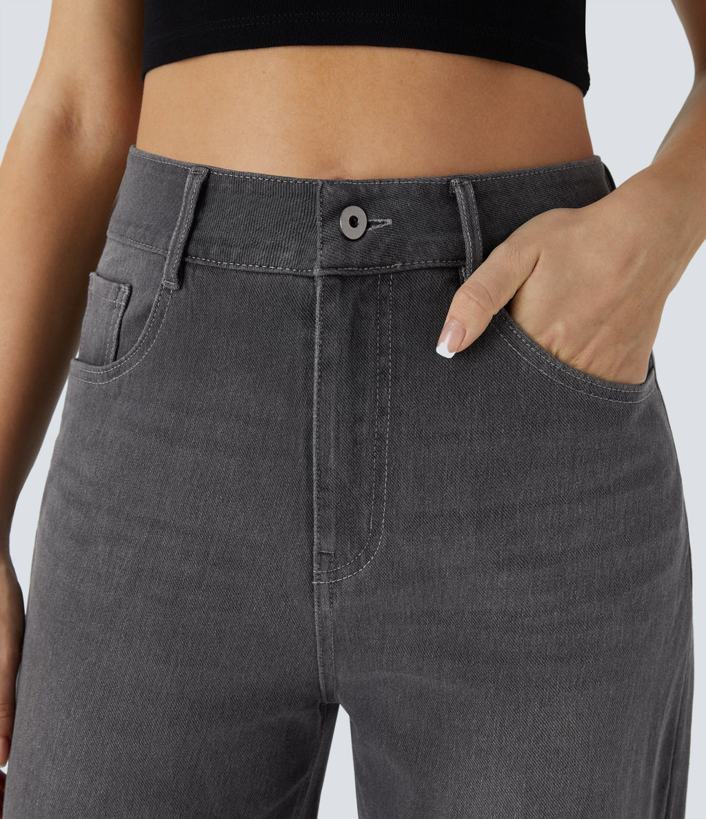 FlexTM High Waisted Multiple Pockets Rolled Hem Wide Leg Washed Stretchy Knit Casual Jeans