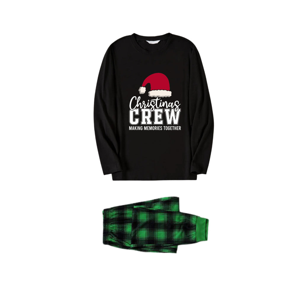 Christmas Family Matching Pajamas-Black Top and Green Plaid Pants Pjs Set with "Christmas Crew Making Memories Together " and Santa Hat Pattern Print