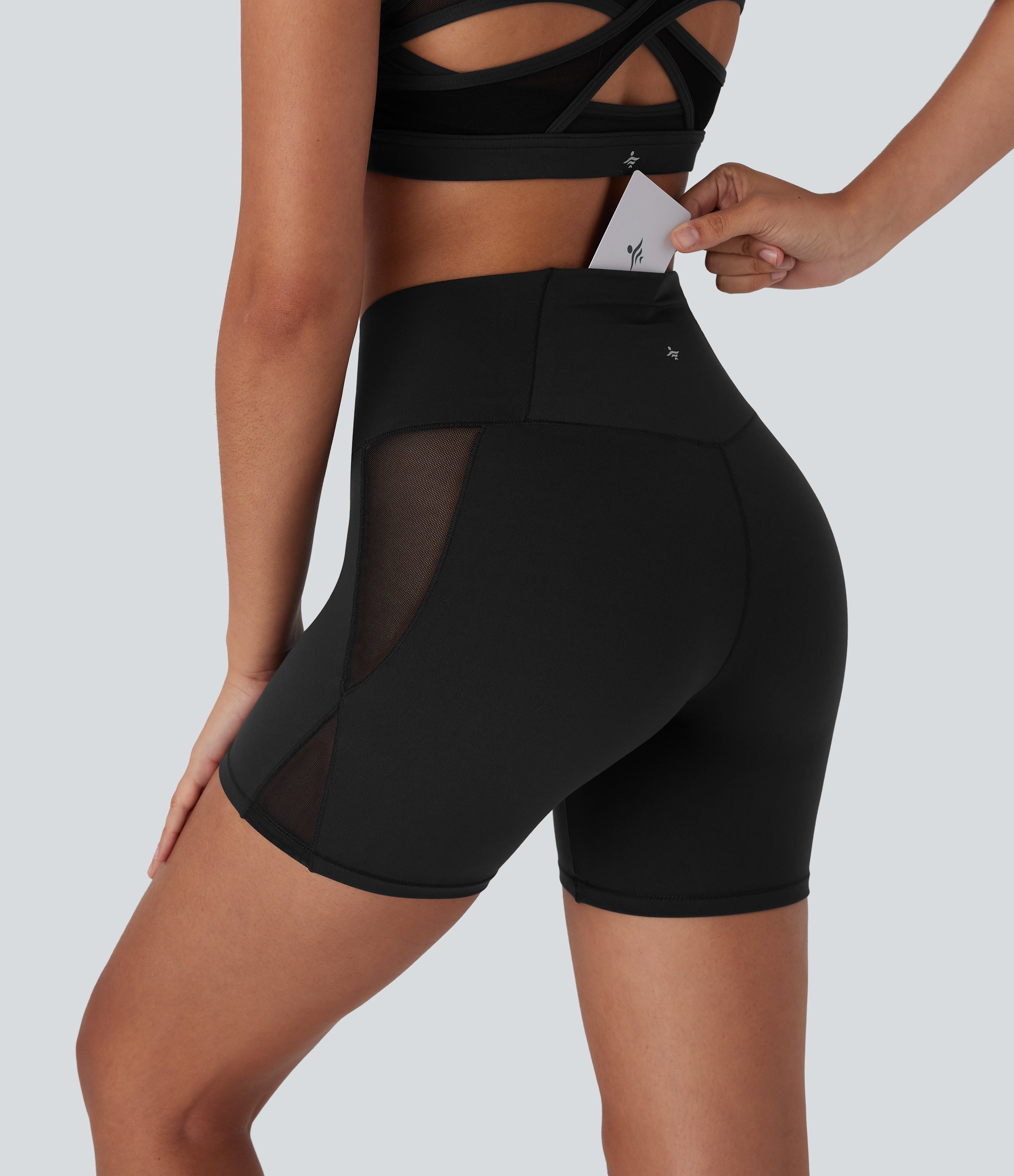 SoftlyZeroTM High Waisted Crossover Contrast Mesh Yoga Biker Shorts 5'' with Pocket-UPF50+