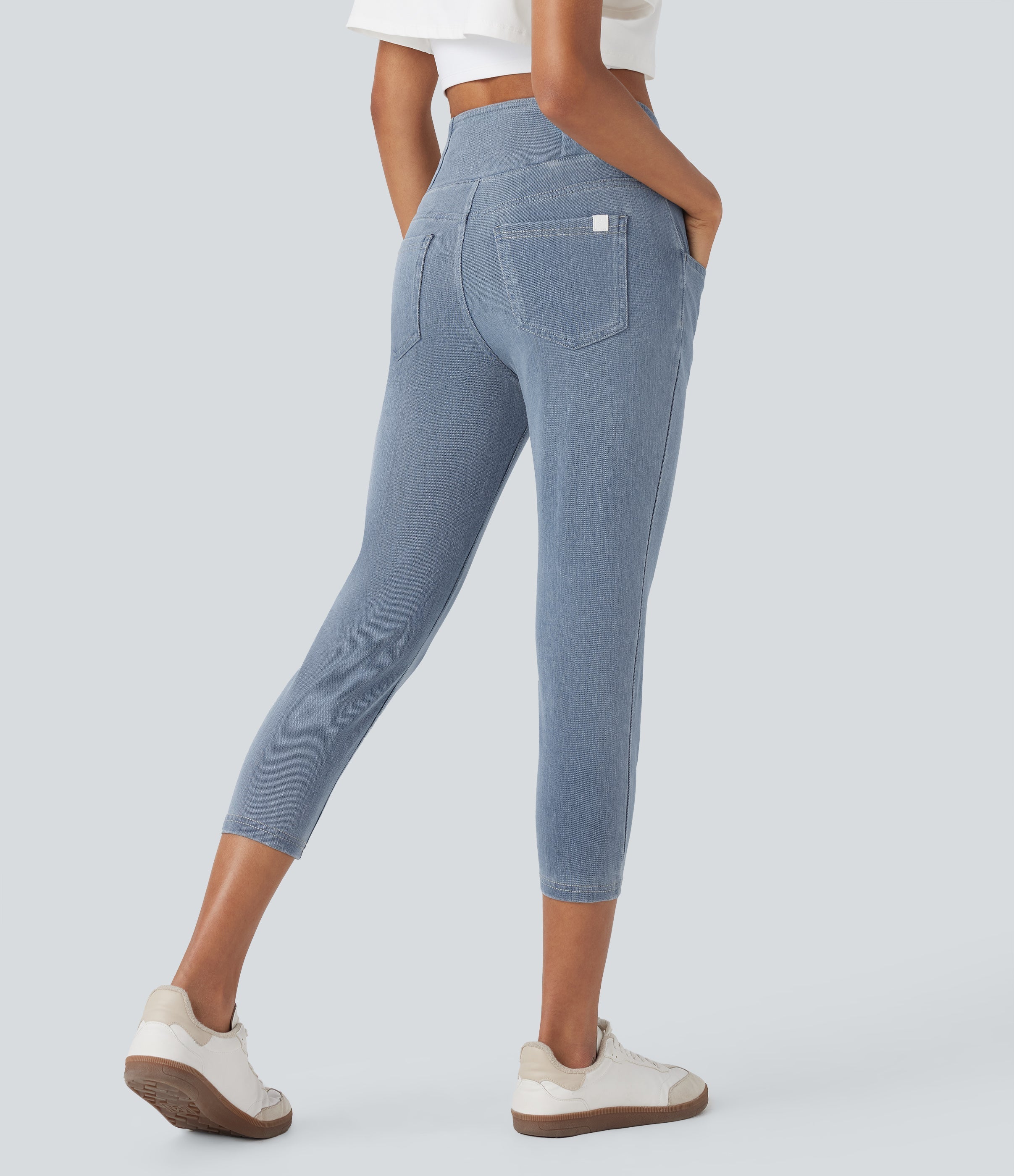 FlexTM Crossover High Waisted Denim Casual Capri Leggings with Pockets