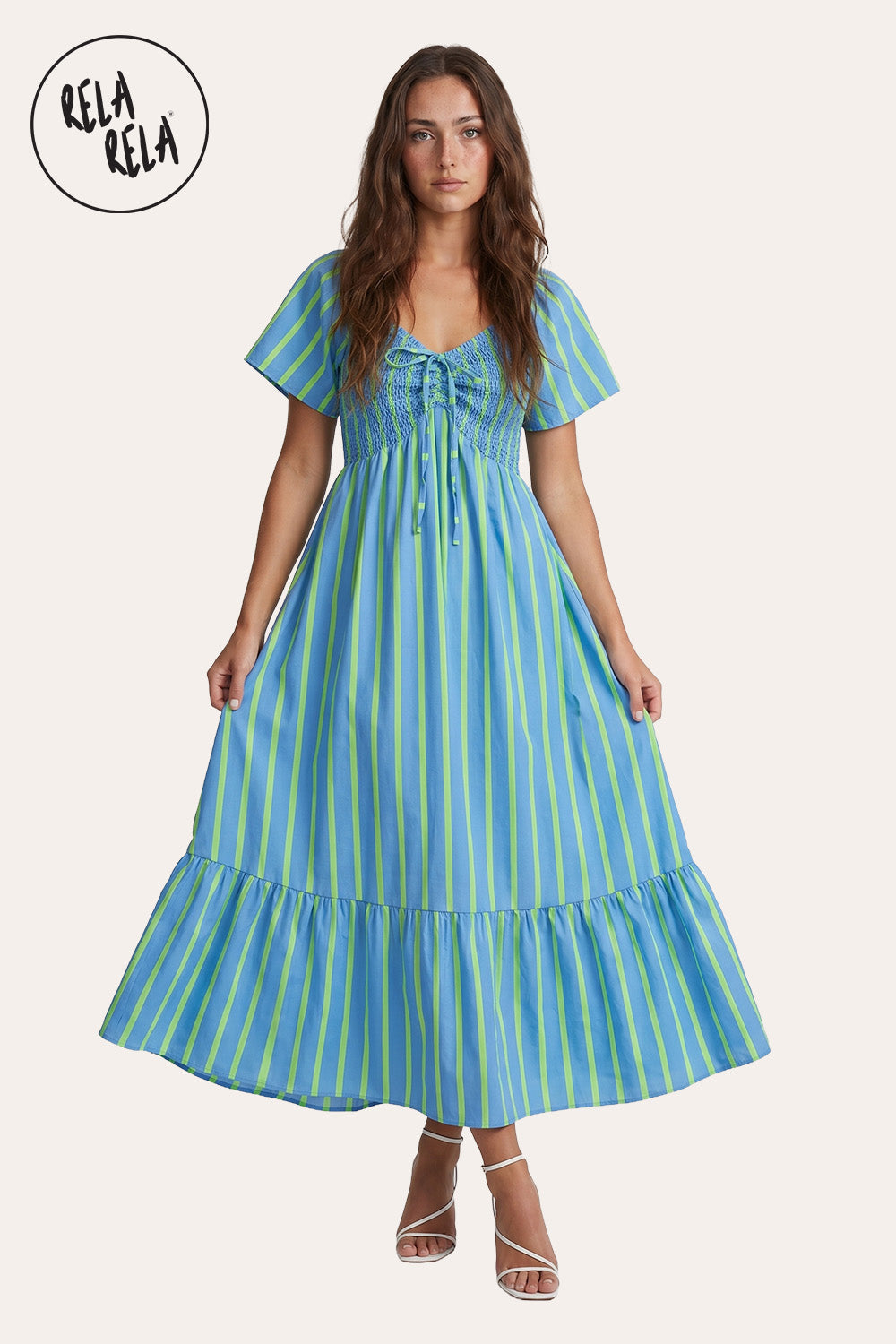 Smocked Waist Stripe Maxi Dress in Blue Stripe