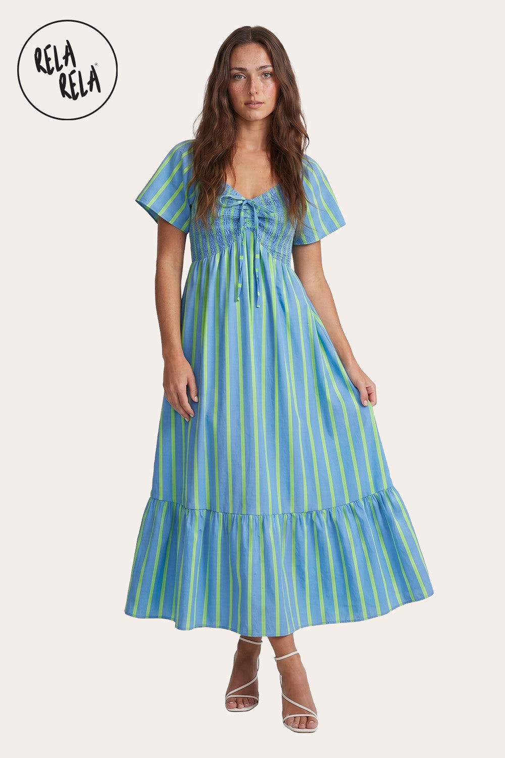 Smocked Waist Stripe Maxi Dress in Blue Stripe