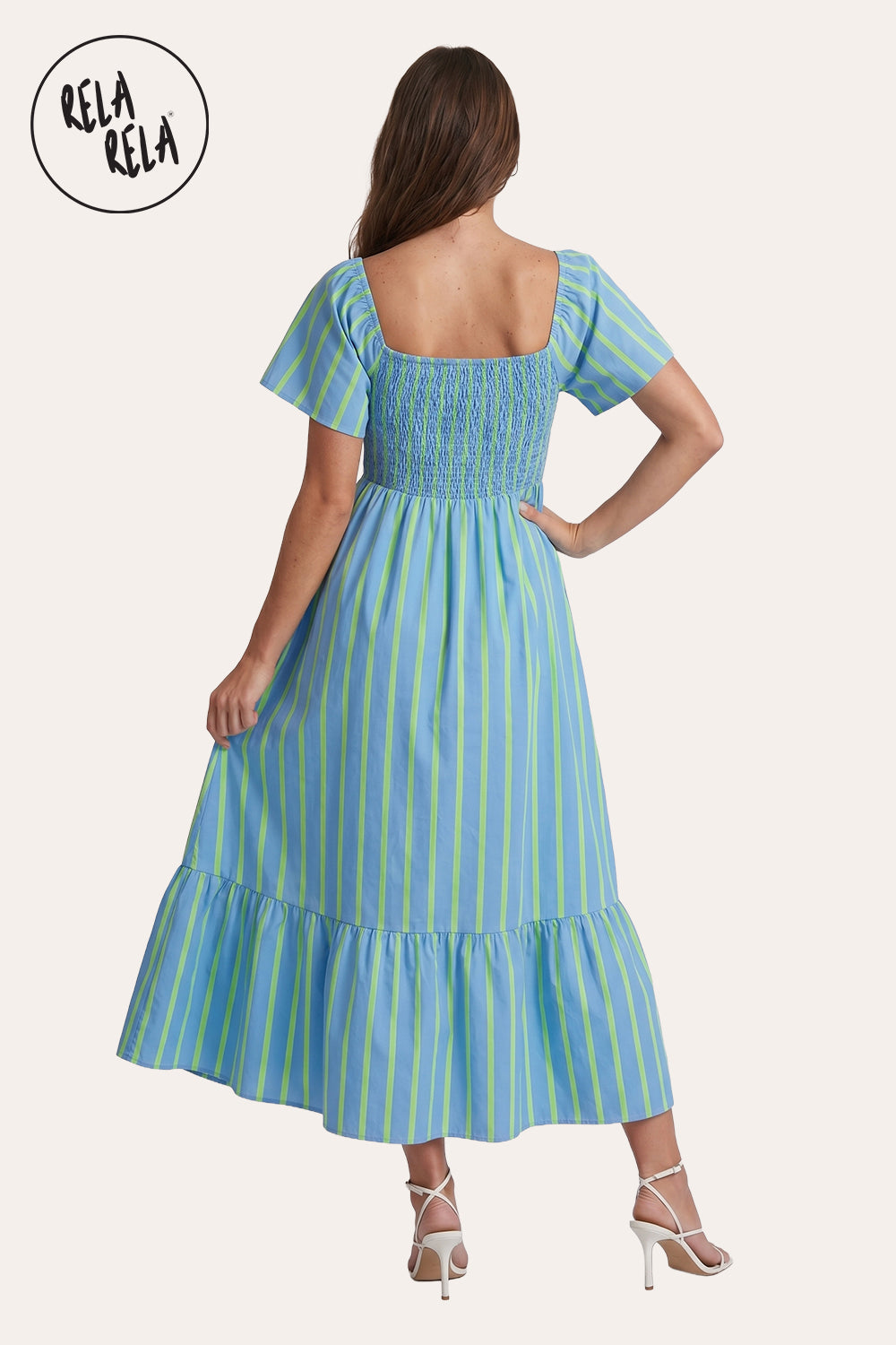 Smocked Waist Stripe Maxi Dress in Blue Stripe