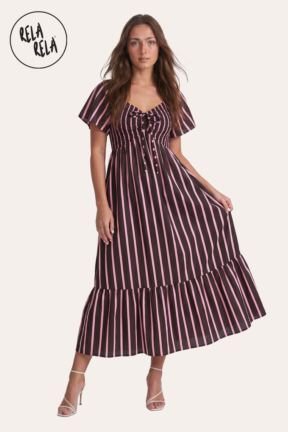 Smocked Waist Stripe Maxi Dress in Chocolate Stripe