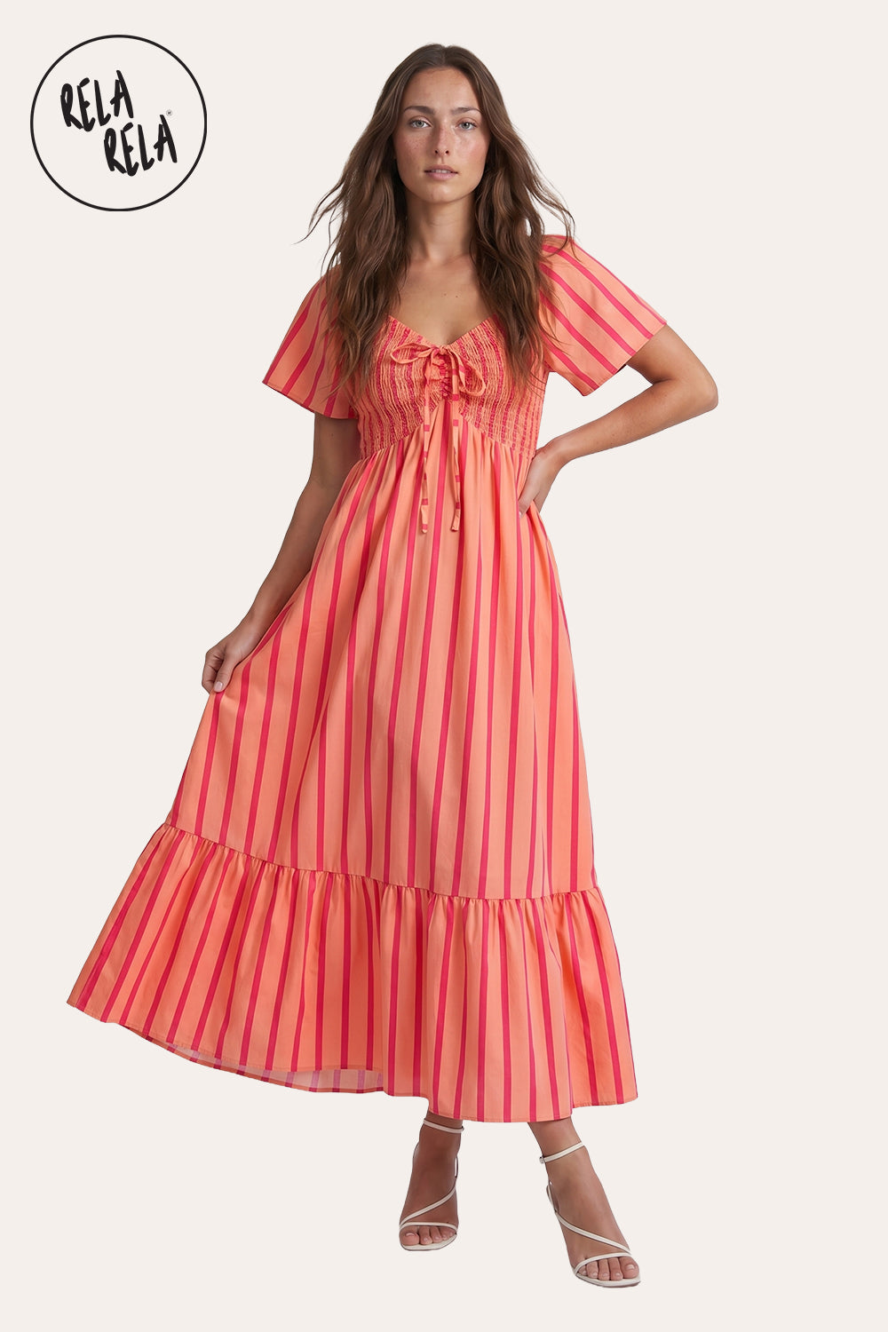 Smocked Waist Stripe Maxi Dress in Orange Stripe