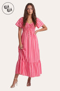 Smocked Waist Stripe Maxi Dress in Pink Stripe
